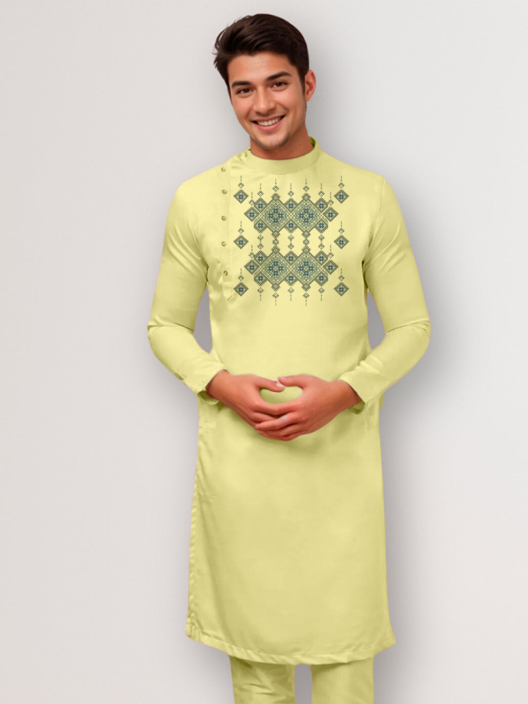 Mens Lime Green Side Placket Printed Kurta Wite Pyjama Set