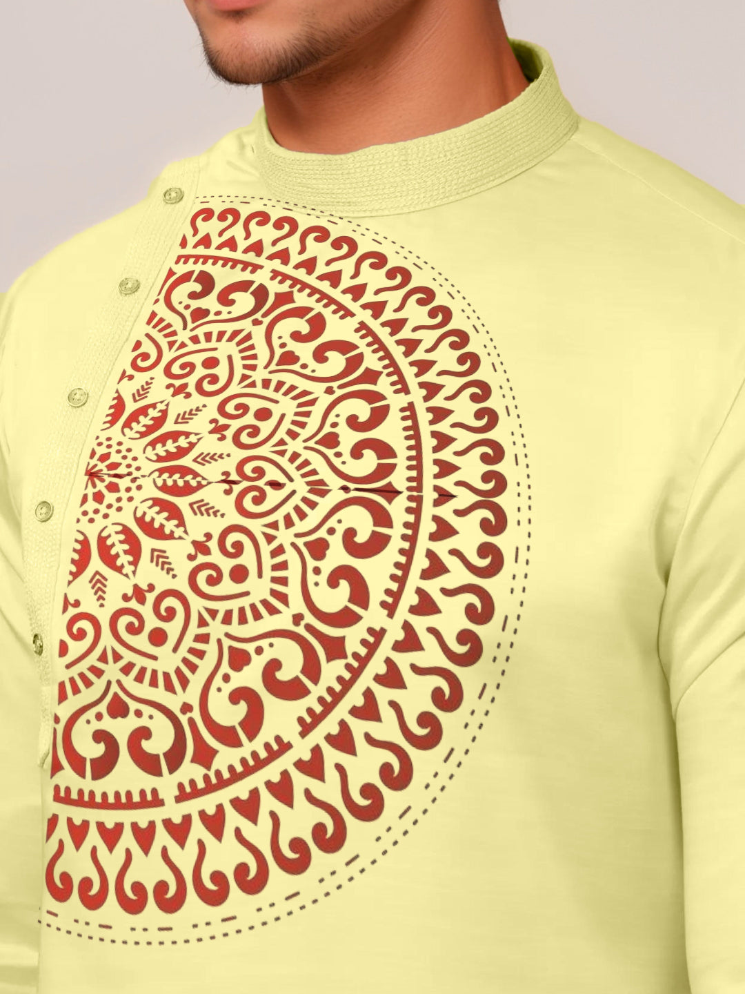 Mens Lime Green Side Placket Printed Kurta-Pyjama Set