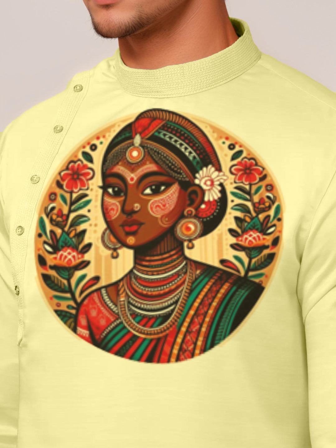 Mens Lime Green Side Placket Printed Kurta Wite Pyjama Set