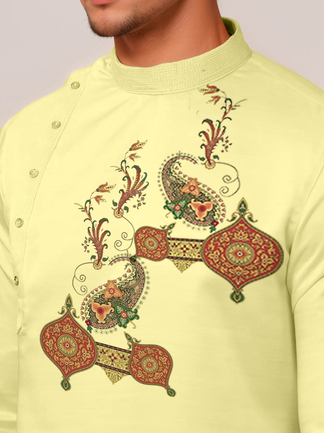 Mens Lime Green Side Placket Printed Kurta Wite Pyjama Set