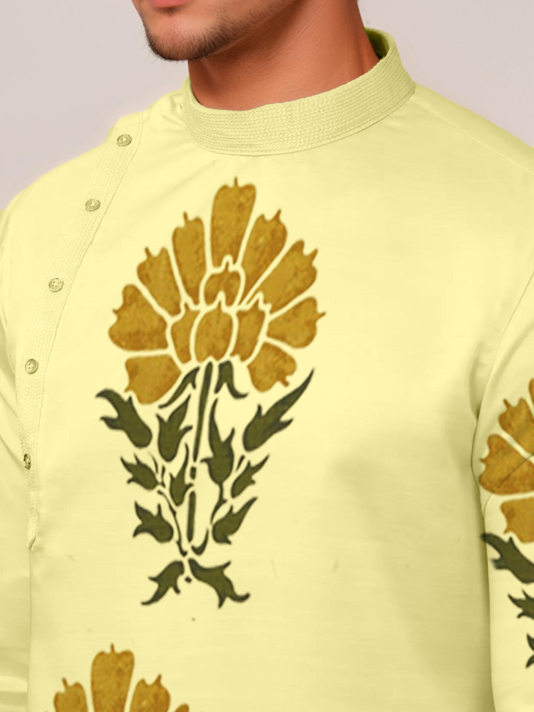 Mens Lime Green Side Placket Printed Kurta Wite Pyjama Set