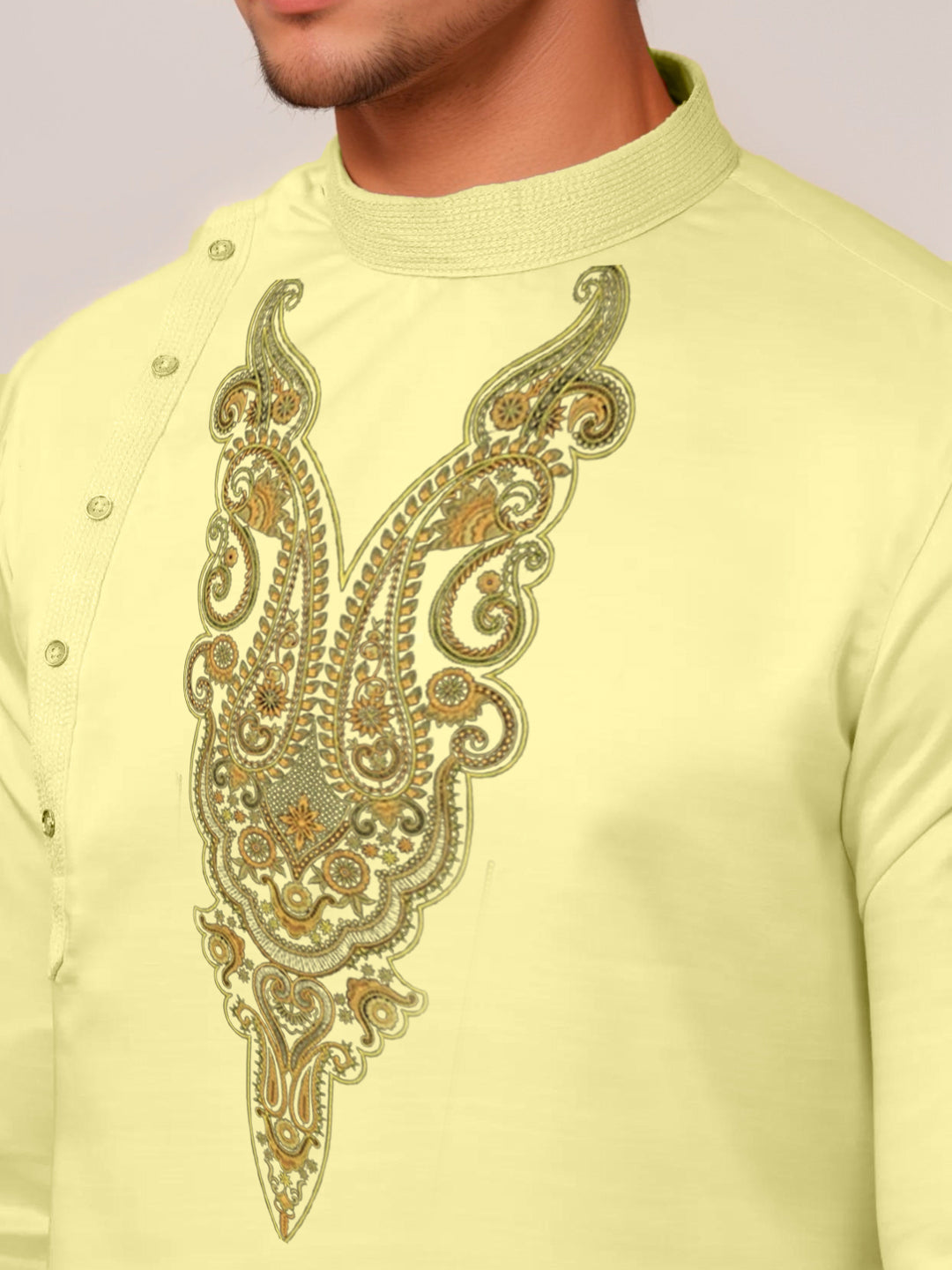 Mens Lime Green Side Placket Printed Kurta Wite Pyjama Set