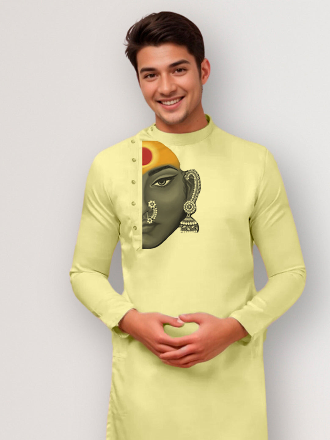 Mens Lime Green Side Placket Printed Kurta Wite Pyjama Set