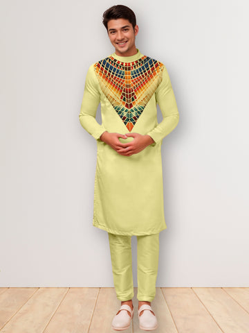 Mens Lime Green Side Placket Printed Kurta Wite Pyjama Set