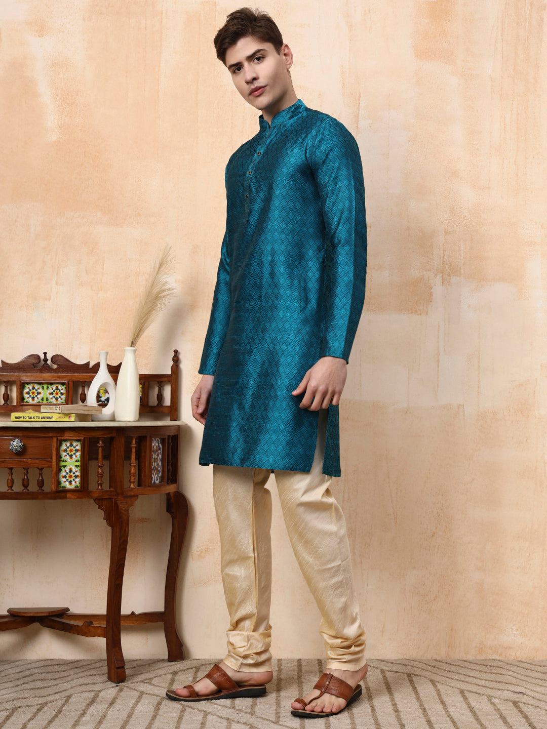 [BH] Men's Green Self Design Jacquard  Kurta Set