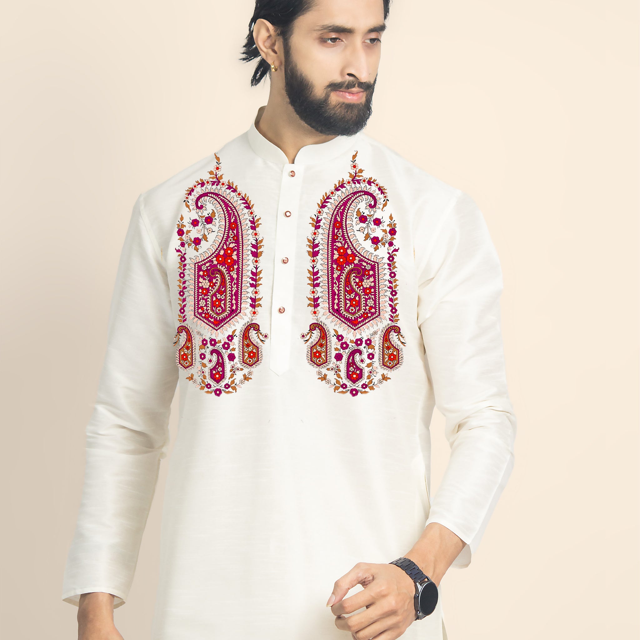 Mens Off White Printed Short Kurta