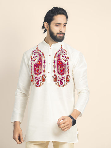 Mens Off White Printed Short Kurta