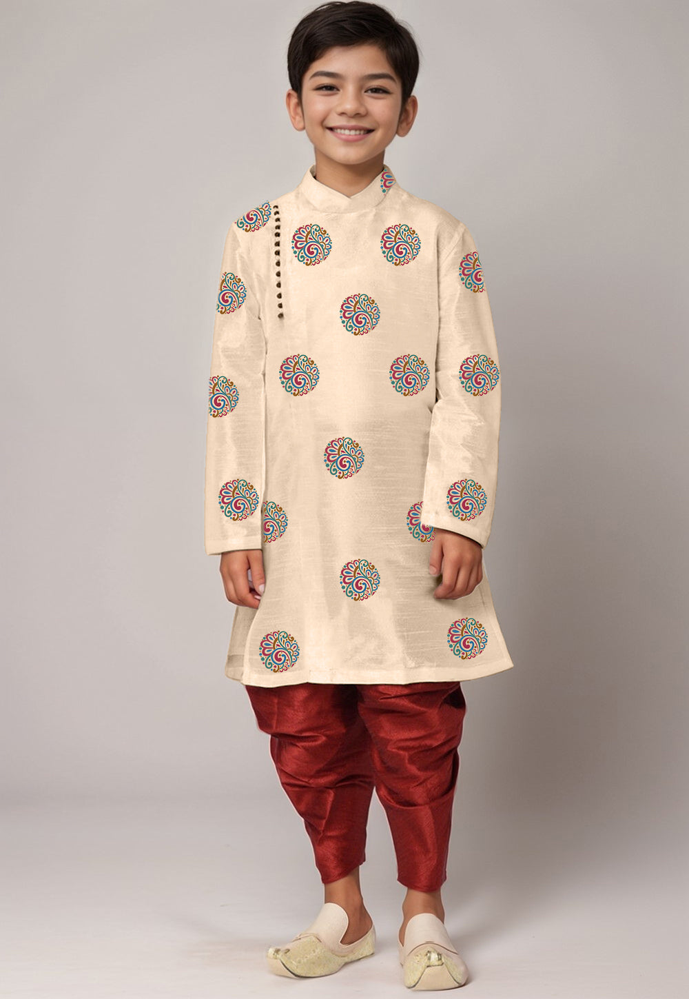Boys Beige Printed Kurta With Dhoti