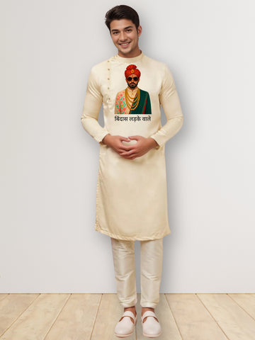 Mens Beige Side Placket Printed Kurta With Pyjama Set