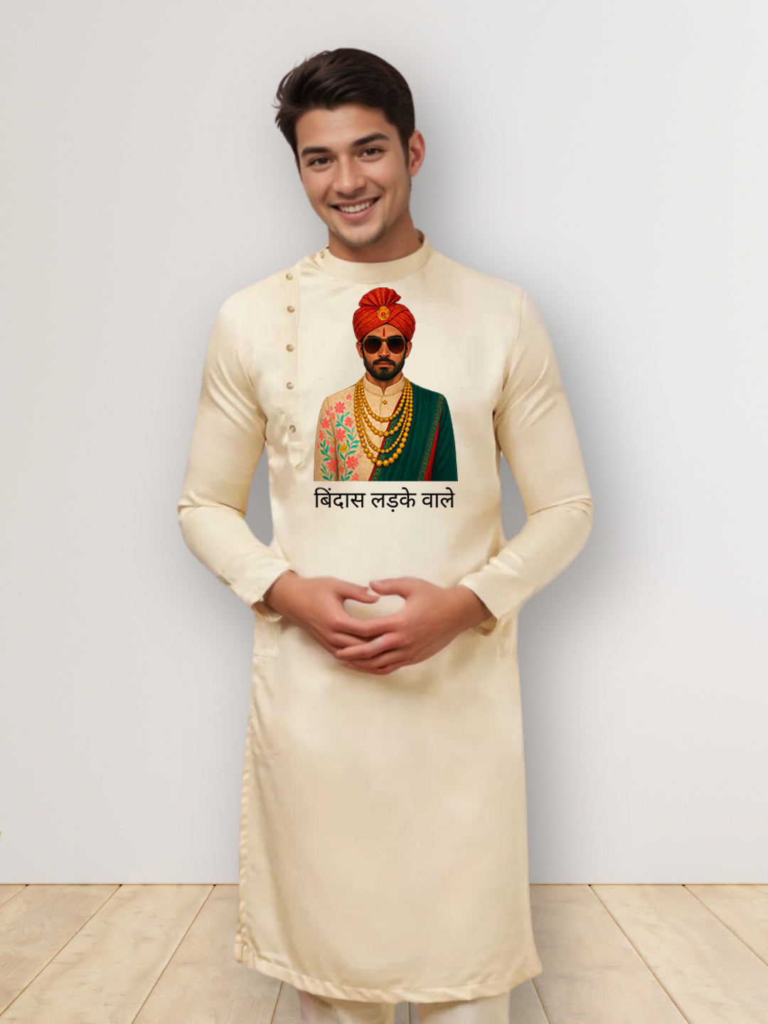 Men's Beige Cotton Kurta Set – Ethnic Print & Side Placket