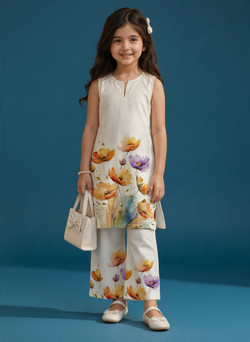 Girls' Off-White Cotton Kurti and Semi Palazzo Set – Printed