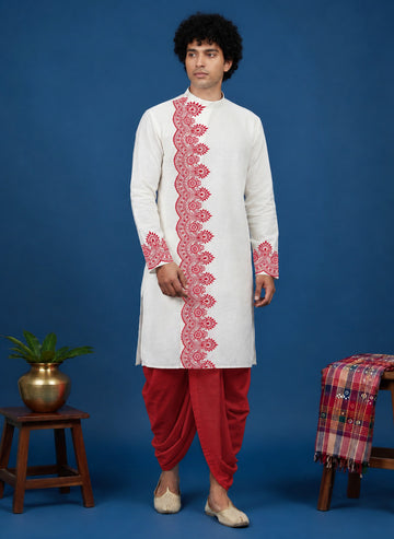 Men's White Cotton Kurta with Dhoti Set – Ethnic Print & Side Placket