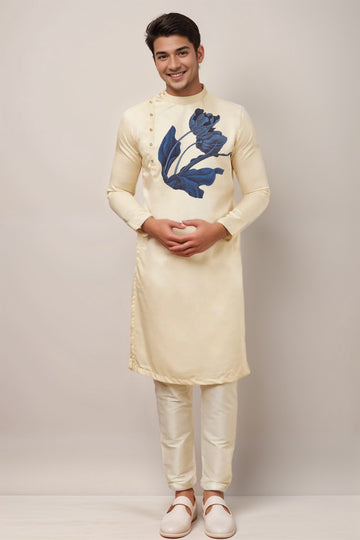 [MGSP-B] Men's Beige Ethnic Print Side Placket Cotton Kurta Set