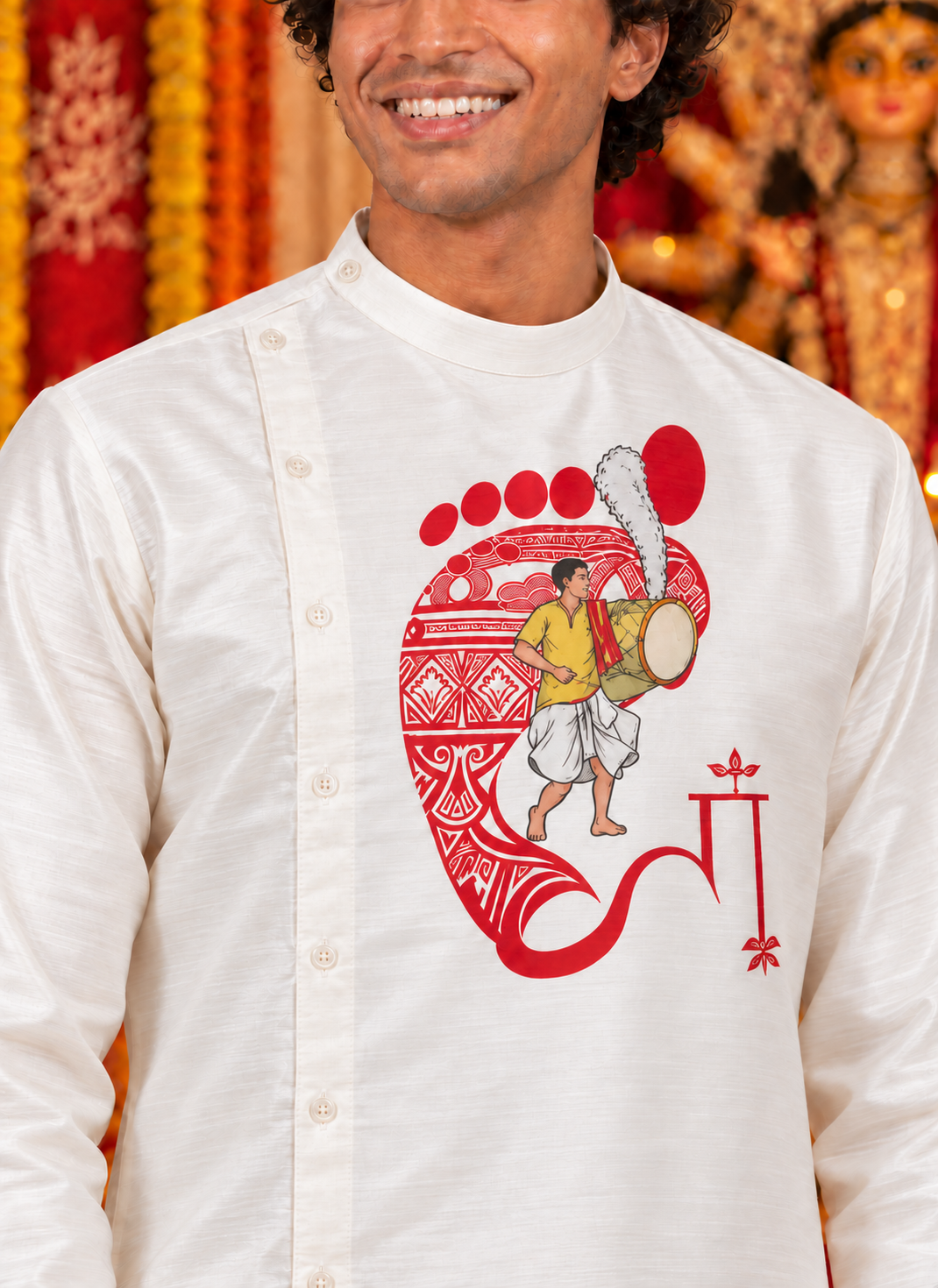 Men's White Art Silk Kurta with Dhoti Set – Ethnic Print & Side Placket