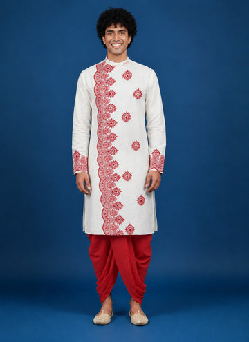 Men's White Cotton Kurta with Dhoti Set – Ethnic Print & Side Placket