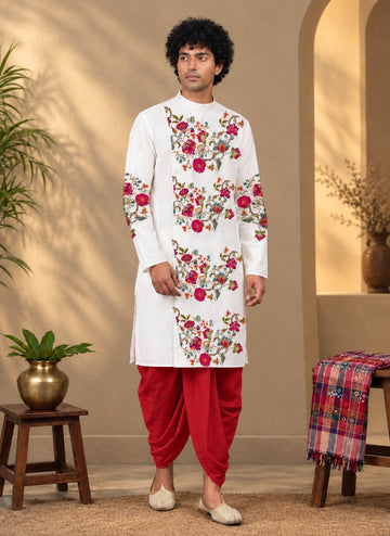 Men's White Cotton Kurta with Dhoti Set – Ethnic Print & Side Placket
