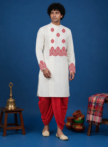 Men's White Cotton Kurta with Dhoti Set – Ethnic Print & Side Placket