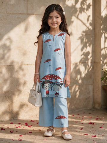 Girls' Sky Blue Cotton Kurti and Semi Palazzo Set – Printed