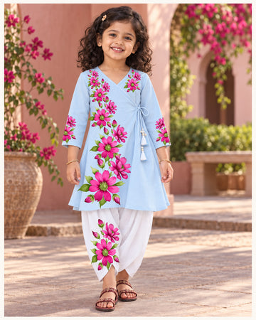 Girls' Sky Blue Cotton Kurti with Tulip pant Set – Printed