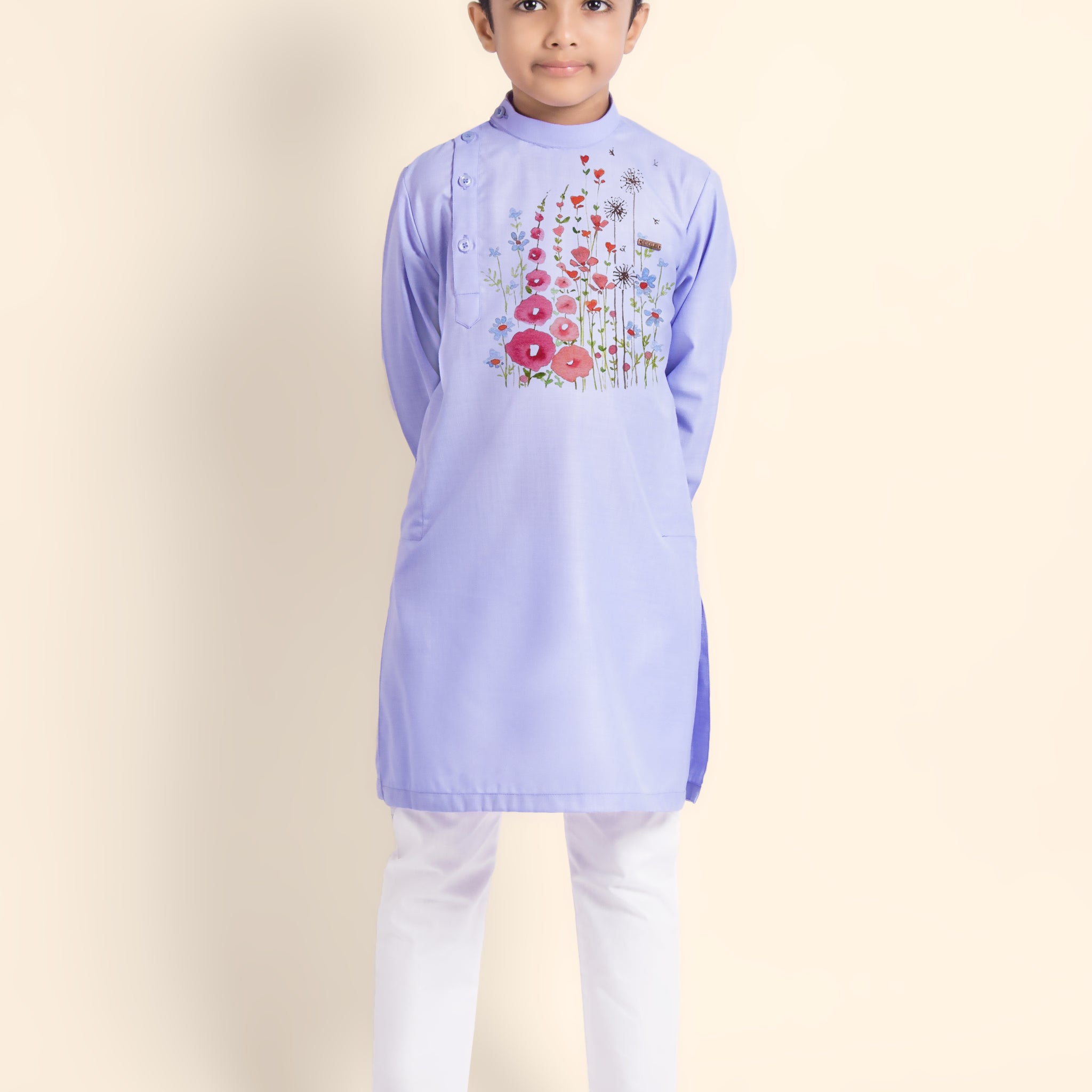 Boys Purple Printed Kurta With Pyjama
