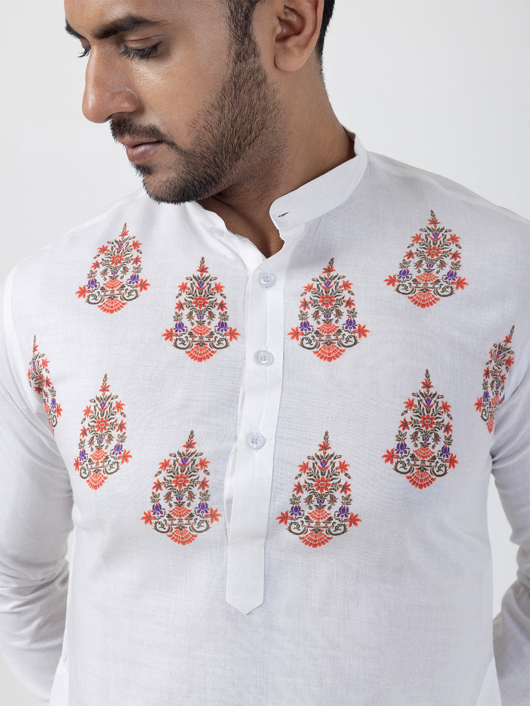 Men's White Cotton Kurta Set – Ethnic Print