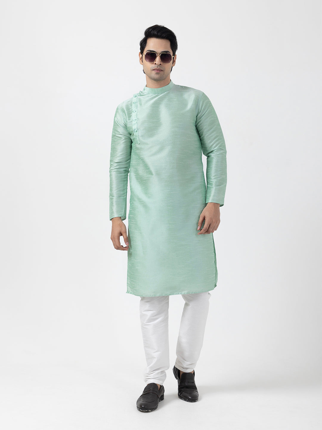 Men Dupion Silk Angrakha Kurta With Pyjama Set