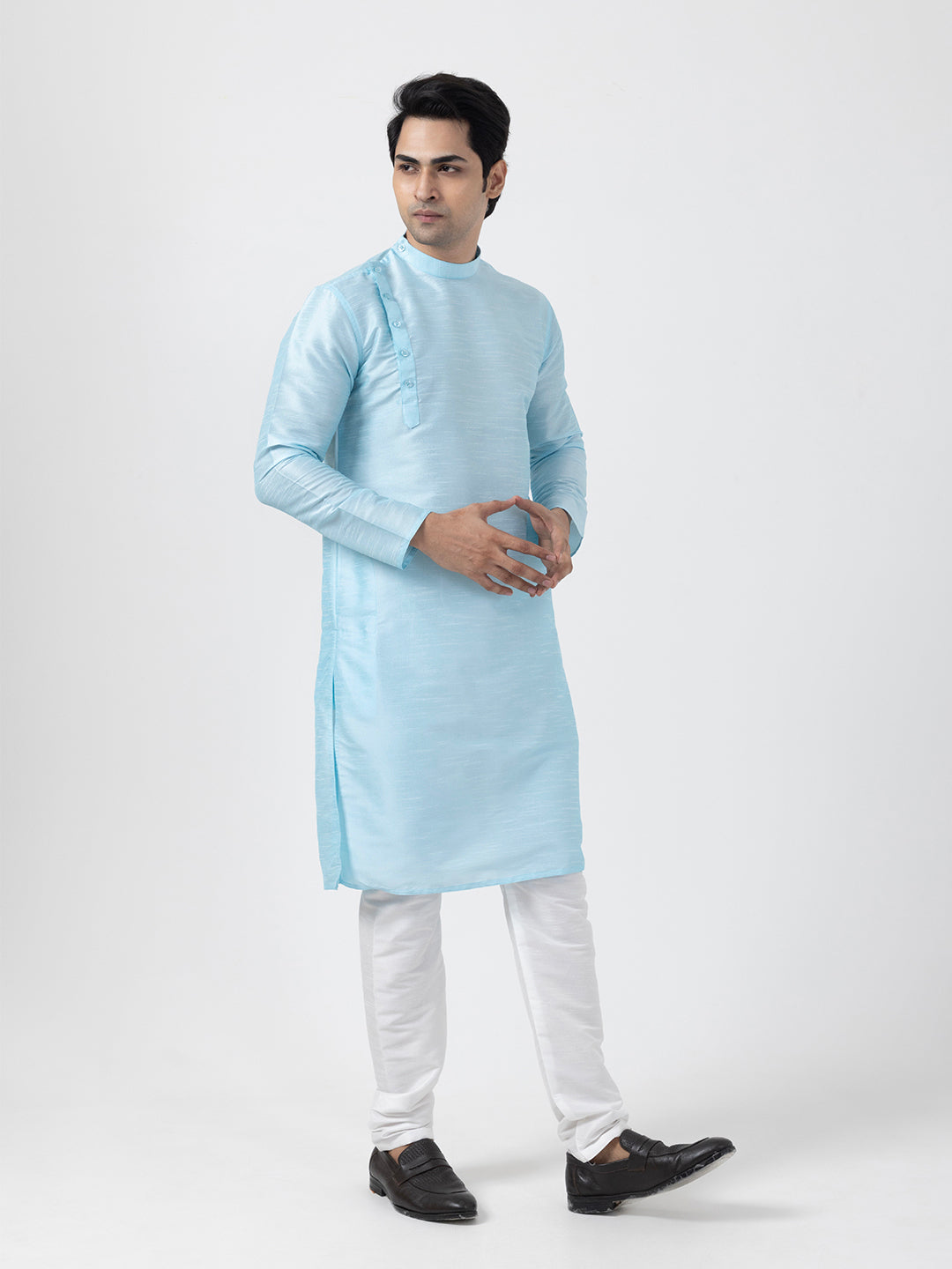 Men Solid Dupion Silk Angrakha Kurta With Pyjama Set