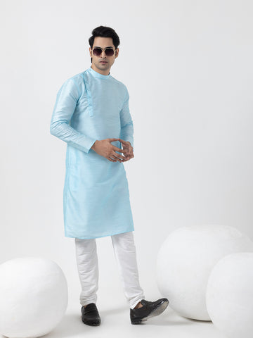 Men Solid Dupion Silk Angrakha Kurta With Pyjama Set
