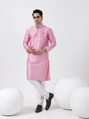 [DP] Men's Pink Solid Art Silk Kurta Set