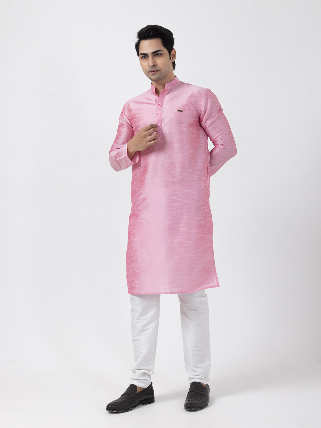 [DP] Men's Pink Solid Art Silk Kurta Set