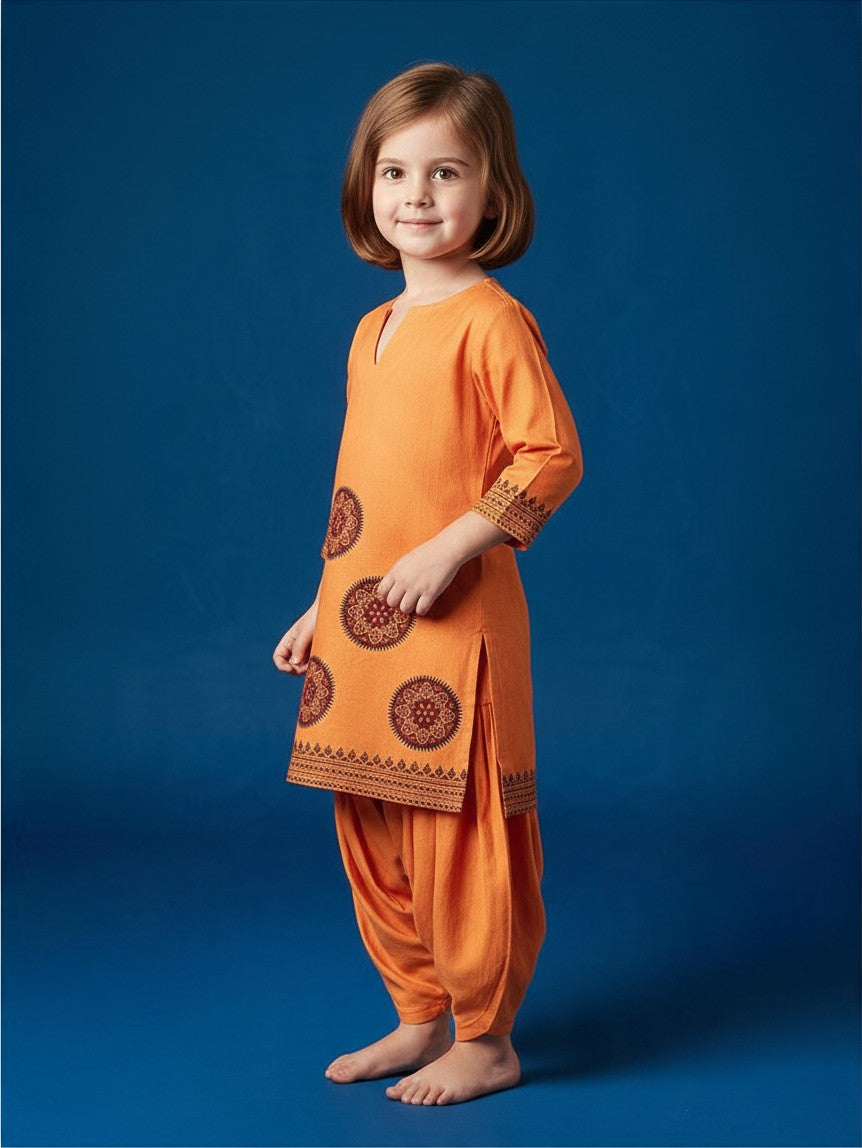 Girls' Orange Cotton Kurti and Semi Patiala Set – Printed