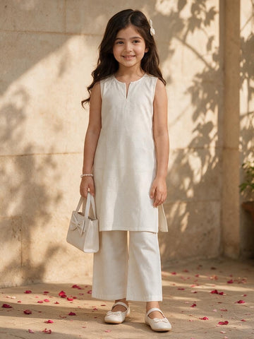 Girls' Off-White Cotton Kurti and Semi Palazzo Set – Solid