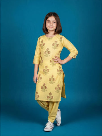 Girls' Yellow Cotton Kurti and Semi Patiala Set – Printed