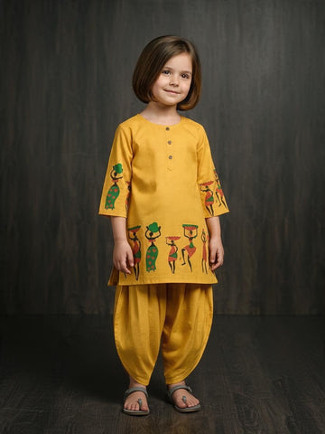 Girls' Mustard Cotton Kurti and Semi Patiala Set – Printed