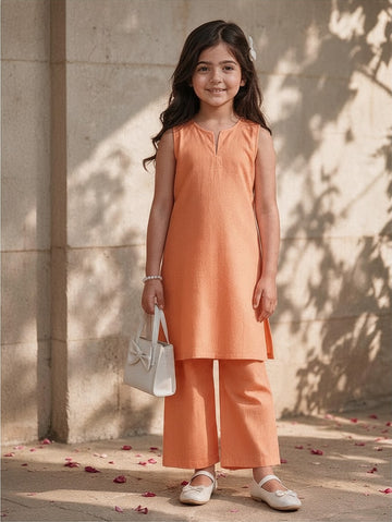 Girls' Orange Cotton Kurti and Semi Palazzo Set – Solid