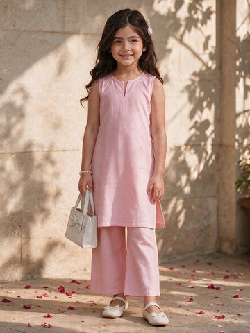 Girls' Pink Cotton Kurti and Semi Palazzo Set – Solid