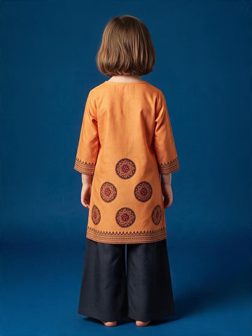 Girls' Orange Cotton Kurti and Semi Palazzo Set – Printed