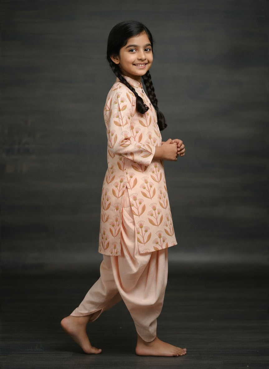 Girls' Pink Cotton Kurti and Semi Patiala Set – Printed