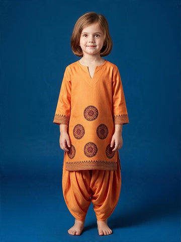 Girls' Orange Cotton Kurti and Semi Patiala Set – Printed