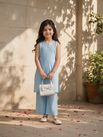 Girls' Sky Blue Cotton Kurti and Semi Palazzo Set – Solid