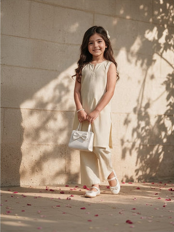Girls' Beige Cotton Kurti and Semi Palazzo Set – Solid