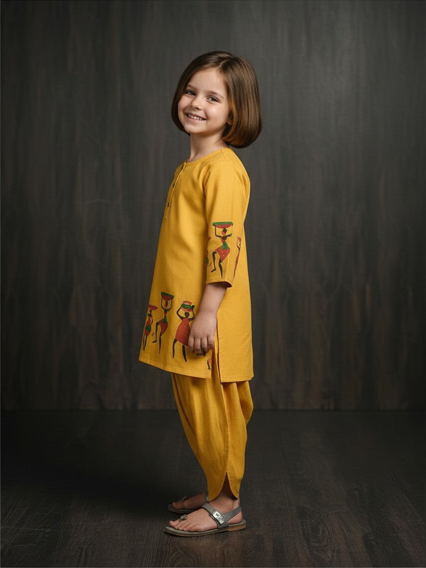 Girls' Mustard Cotton Kurti and Semi Patiala Set – Printed
