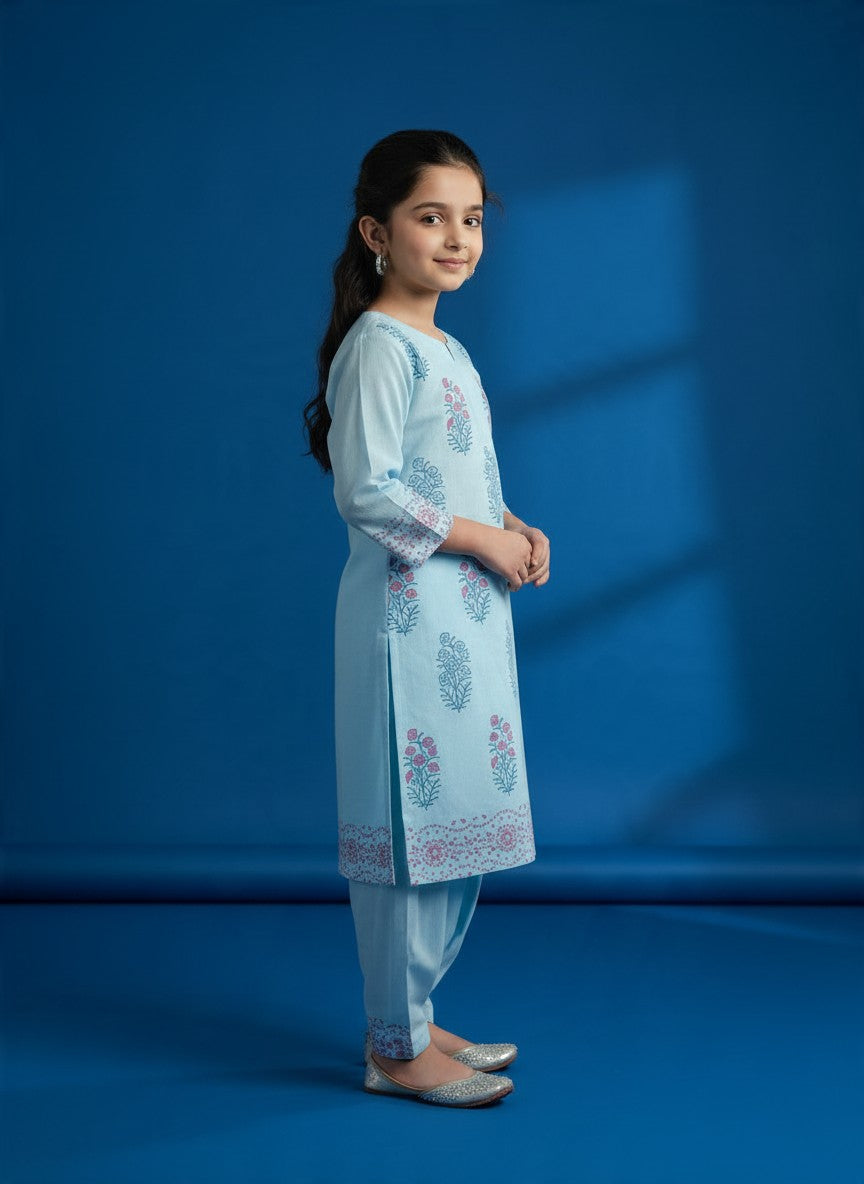 Girls' Sky Blue Cotton Kurti and Semi Patiala Set – Printed