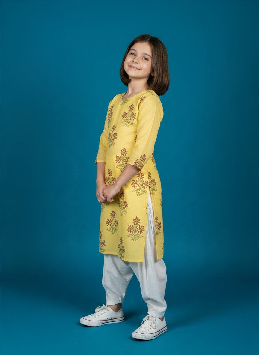 Girls' Yellow Cotton Kurti and Semi Patiala Set – Printed