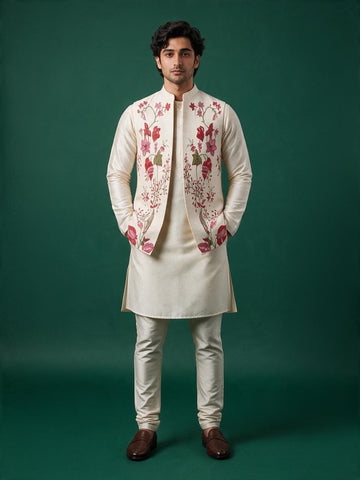 Men's Off-White Art Silk Kurta Pyjama with Printed jacket Set