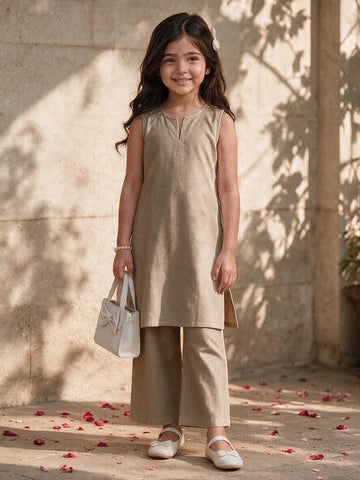 Girls' Beige Cotton Kurti and Semi Palazzo Set – Solid