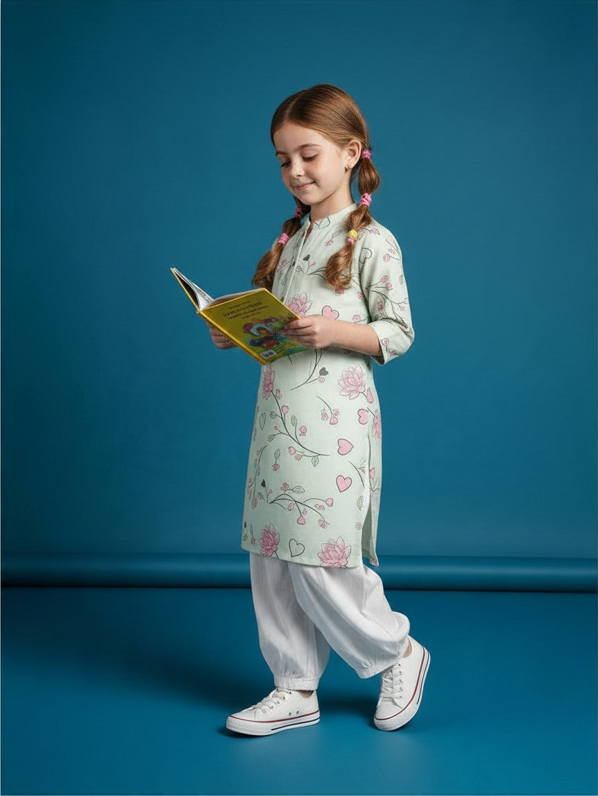 Girls' Green Cotton Kurti and Semi Patiala Set – Printed