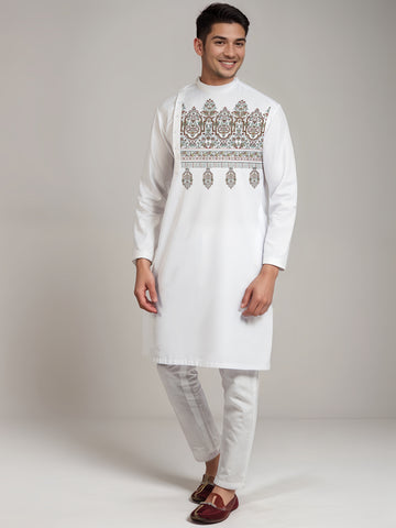 Mens White Side Placket Printed Kurta With Pyjama Set