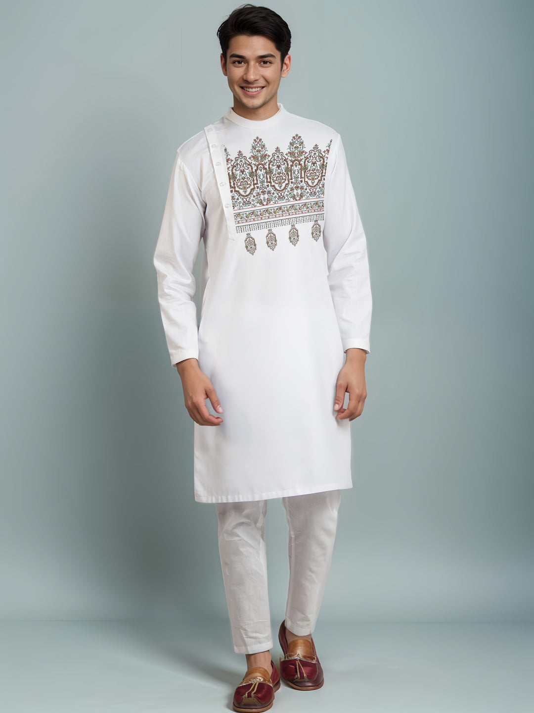 Mens White Side Placket Printed Kurta With Pyjama Set