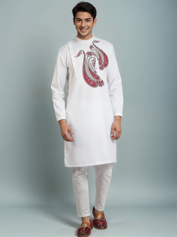 Mens White Side Placket Printed Kurta With Pyjama Set